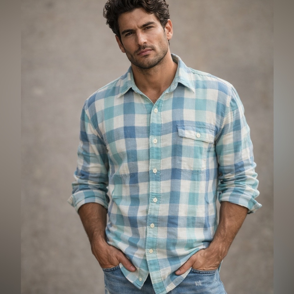 Faherty Men's Green Blue White Plaid Reversible Button Down Shirt Size L